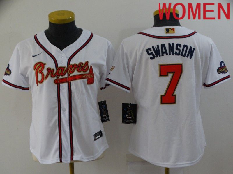 Women Atlanta Braves #7 Swanson White Gold Game Nike 2022 MLB Jersey